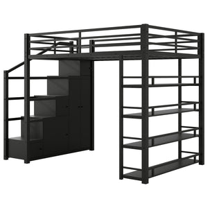 English Elm Full Metal Loft Bed with Built-in Wardrobe Shelving Staircase Storage Industrial GX000664AAB-1