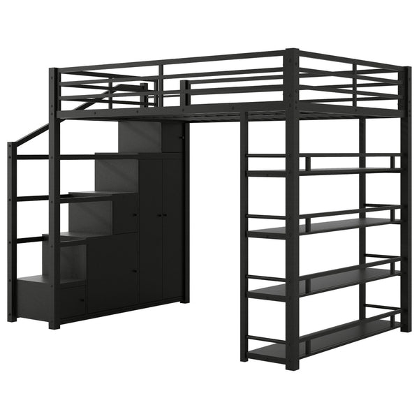 English Elm Full Metal Loft Bed with Built-in Wardrobe Shelving Staircase Storage Industrial GX000664AAB-1