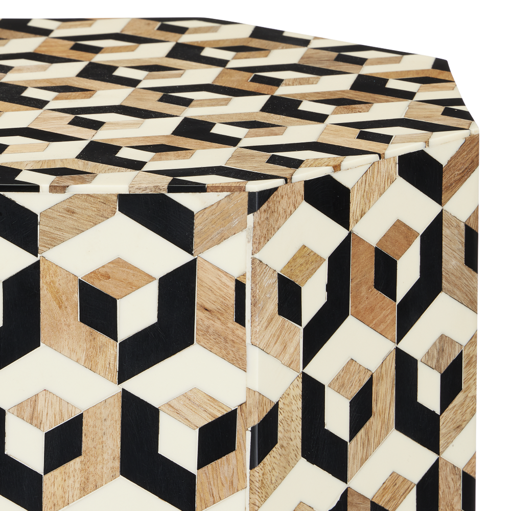 Geo Accent Table - Handmade Mango Wood & Bone Hexagonal Table with Multi-Colored Design for Style