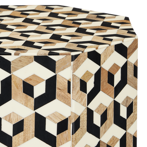 Geo Accent Table - Handmade Mango Wood & Bone Hexagonal Table with Multi-Colored Design for Style