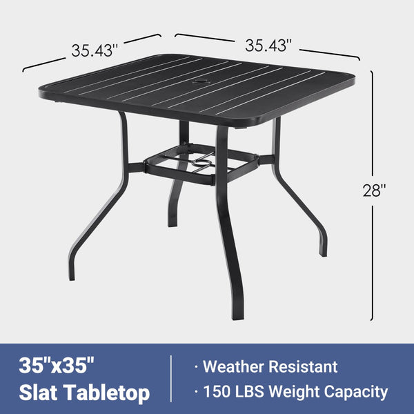 English Elm Patio Square Steel Dining Table Slatted Top Umbrella Ready Seats Four Outdoor T3623P434177