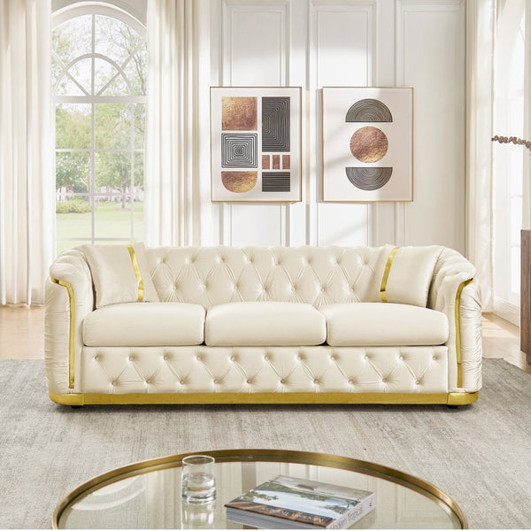 English Elm 84.6 Inch Chesterfield Velvet Tufted Sofa with Gold Steel Trim for Glam Living Rooms Beige W1191S00098