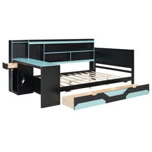 English Elm Full Size Gaming Bed Frame with Desk Led Lights Storage Drawers and Charging Station Black+Blue LP000289AAC