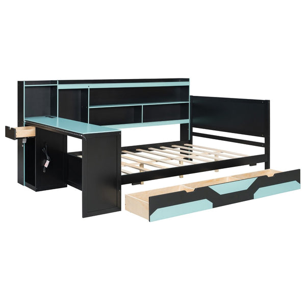 English Elm Full Size Gaming Bed Frame with Desk Led Lights Storage Drawers and Charging Station Black+Blue LP000289AAC