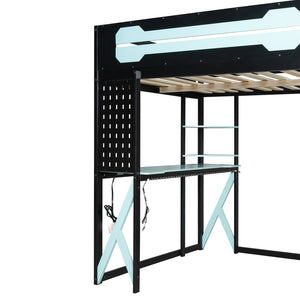 English Elm Full Size Loft Bed with Rgb Lighting Chevron Desk Usb Charging Ports and Storage Shelves Black+Blue LT000286AAC