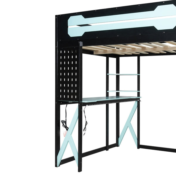 English Elm Full Size Loft Bed with Rgb Lighting Chevron Desk Usb Charging Ports and Storage Shelves Black+Blue LT000286AAC