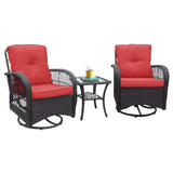 3-Piece Outdoor Wicker Rocker Swivel Bistro Set, Red with Glass Top Side Table