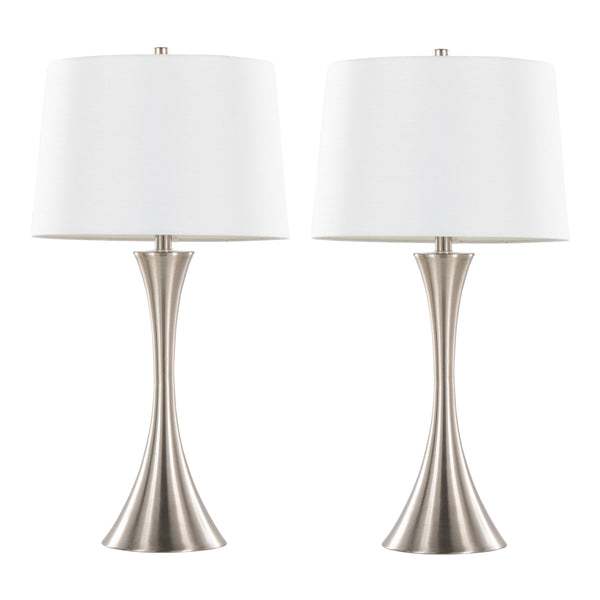English Elm Lenuxe 29" Modern Metal Table Lamp Set Of 2 In Brushed Nickel With White Linen Shade For Home Decor B202P224103