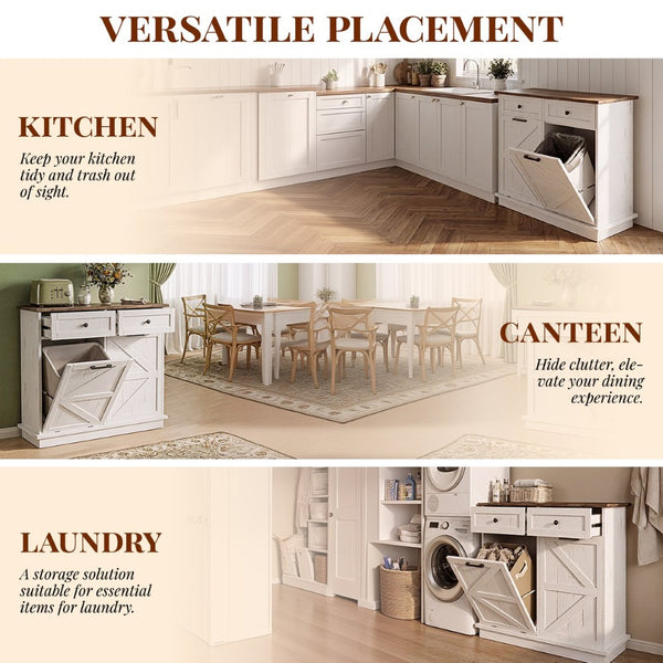 English Elm Double Tilt Out Trash Bin Cabinet with Drawers Odor Blocking Kitchen Laundry Storage Brown+Distressed White T5831P489225