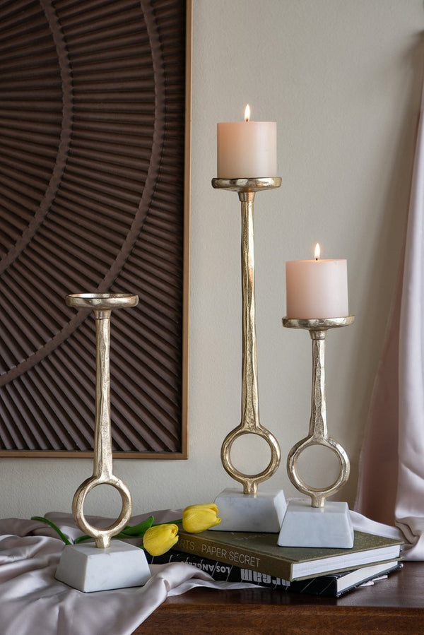 English Elm S/3 Gold Aluminum Pillar Candle Holders with Genuine Marble Base and Ring Detail W2078P490395