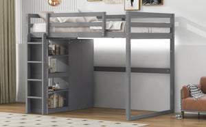 English Elm Wood Full Size Loft Bed with Built-in Wardrobe, 4-Tier Storage Shelves, LED Light, Pine MDF Durable Gray GX000463AAE