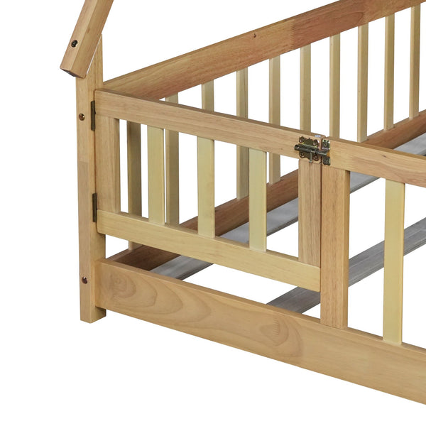 English Elm Full Size Rubber Wood Tent-Shaped Floor Bed With Guardrails & Door - Cozy, Modern Retreat For Kids W504P345788