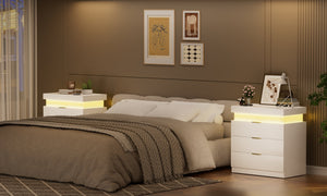 English Elm Nightstand with Sliding Top, Built-In Charging Station & RGB LED Mood Lights, 3 Drawers Stylish White W1162P320230