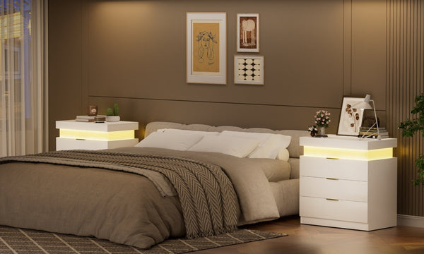 English Elm Nightstand with Built-in Charging Station Rgb Led Lighting and Sliding Top Drawer White W1162P246395
