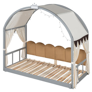 English Elm Twin Pinewood Ground-Level Canopy Bed with Arched Roof and Trundle for Kids—Whimsical, Sturdy Design Gray N820P181648E