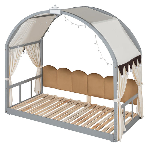 English Elm Twin Pinewood Ground-Level Canopy Bed with Arched Roof and Trundle for Kids—Whimsical, Sturdy Design Gray N820P181648E