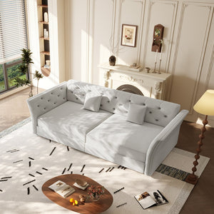 English Elm 74.4" Queen Velvet Sleeper Sofa Artisan Floral Tufted Cushions Converts for Guest Rooms Light Grey W1885S00305