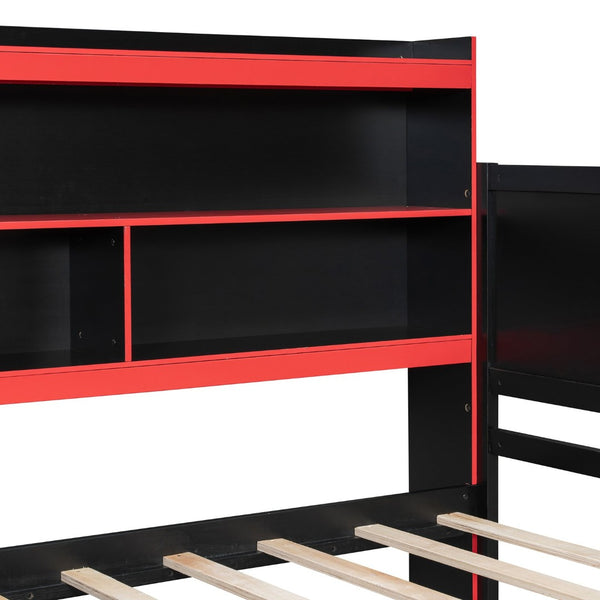 English Elm Full Size Gaming Bed Frame with Desk Led Lights Storage Drawers and Charging Station Black+Red LP000289AAJ