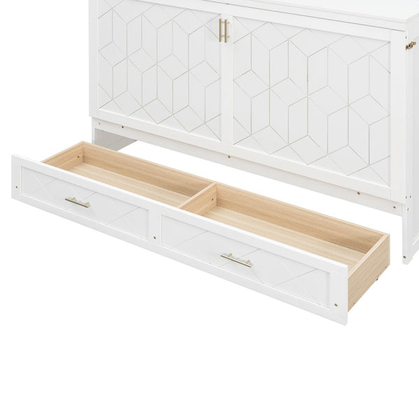 English Elm Queen Murphy Wall Bed Cabinet with Storage Drawer Built-in Power Outlets Usb Ports White LP000400AAK-1
