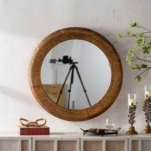 English Elm 31.3" Gold Iron Round Mirror Ribbed Texture Rivets Bohemian Accent for Bedroom W3158P407138
