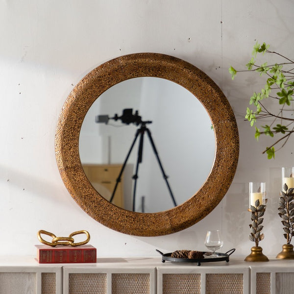 English Elm 31.3" Gold Iron Round Mirror Ribbed Texture Rivets Bohemian Accent for Bedroom W3158P407138