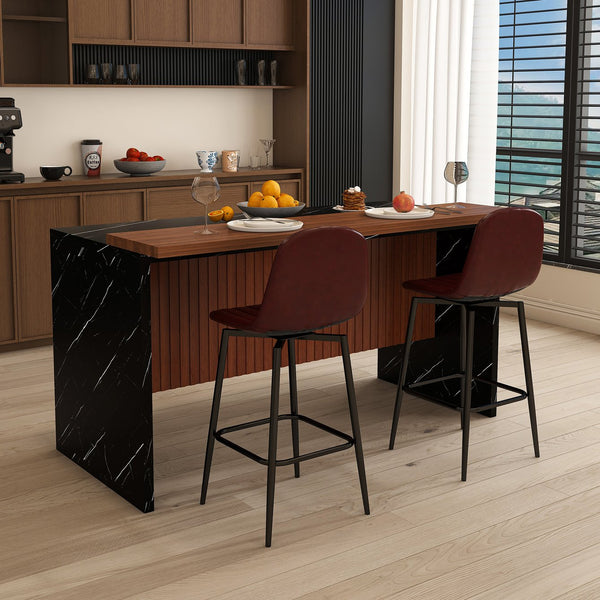 English Elm 63-Inch Modern Kitchen Island Set With 2 Bar Stools - Black Marble Surface, Led Light & Grill Design W2699S00063
