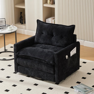 English Elm UNITED Swivel Barrel Chair with Chenille Upholstery, 360° Smooth Rotation, Padded Arm Comfort and Side Pockets for Living Room Relaxation Black W1568P290088