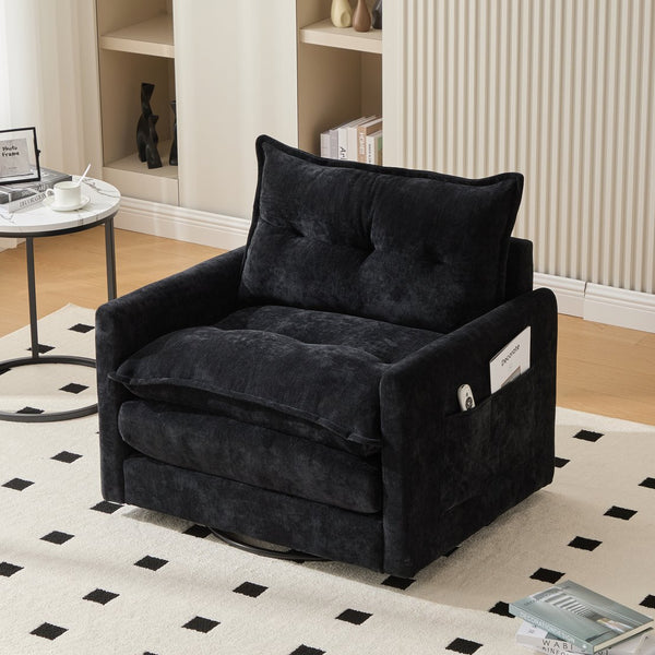 English Elm UNITED Swivel Barrel Chair with Chenille Upholstery, 360° Smooth Rotation, Padded Arm Comfort and Side Pockets for Living Room Relaxation Black W1568P290088