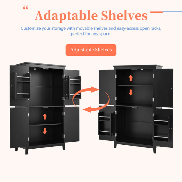 English Elm Elegant Bathroom Floor Storage Cabinet with 4 Doors, Adjustable Shelves, Anti-Tip Design, 28"L x 15"W Black N725P188461B