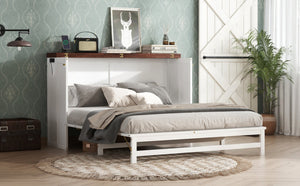 English Elm Murphy Cabinet Queen Bed Solid Pine Frame with Built-in Charging Station for Guest Rooms White+Walnut W504S00193