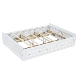 English Elm Wood Queen Size Platform Bed Frame with 6 Drawers for Storage, Sturdy Pine/MDF Slat System, 500lb Capacity White N709P241723K