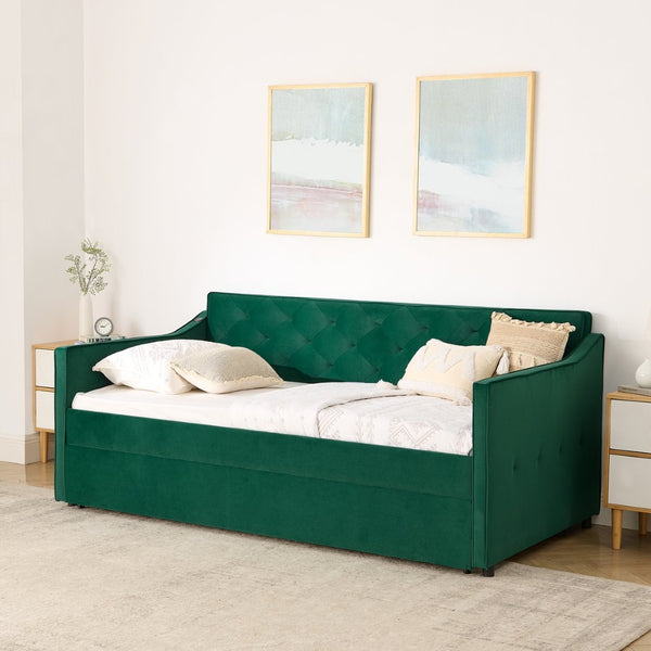 English Elm Twin Linen Tufted Daybed with Pop up Trundle and Usb Port for Guest Rooms Green W1413S00130