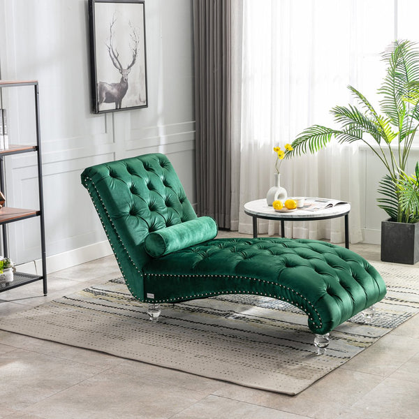 English Elm Velvet Curved Chaise Lounge Sofa with Button-Tufted Upholstery, Foam Seat, Acrylic Legs, Stylish Relaxation Emerald W39538677
