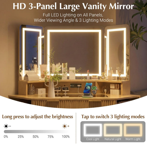 English Elm 47.2" Corner Lighted Makeup Vanity with Fluted Panel Tri-fold Mirror and Charging Station Oak N704P392485N
