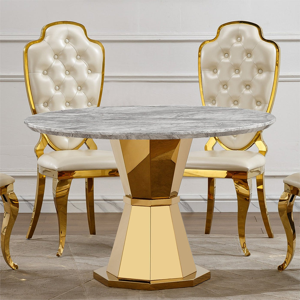 English Elm 47" Round Marble Dining Table - Stylish High-Gloss Faux Marble Top & Gold Stainless Steel Base W3456S00033