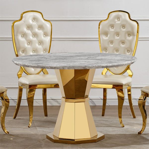 English Elm 47" Round Marble Dining Table - Stylish High-Gloss Faux Marble Top & Gold Stainless Steel Base W3456S00033