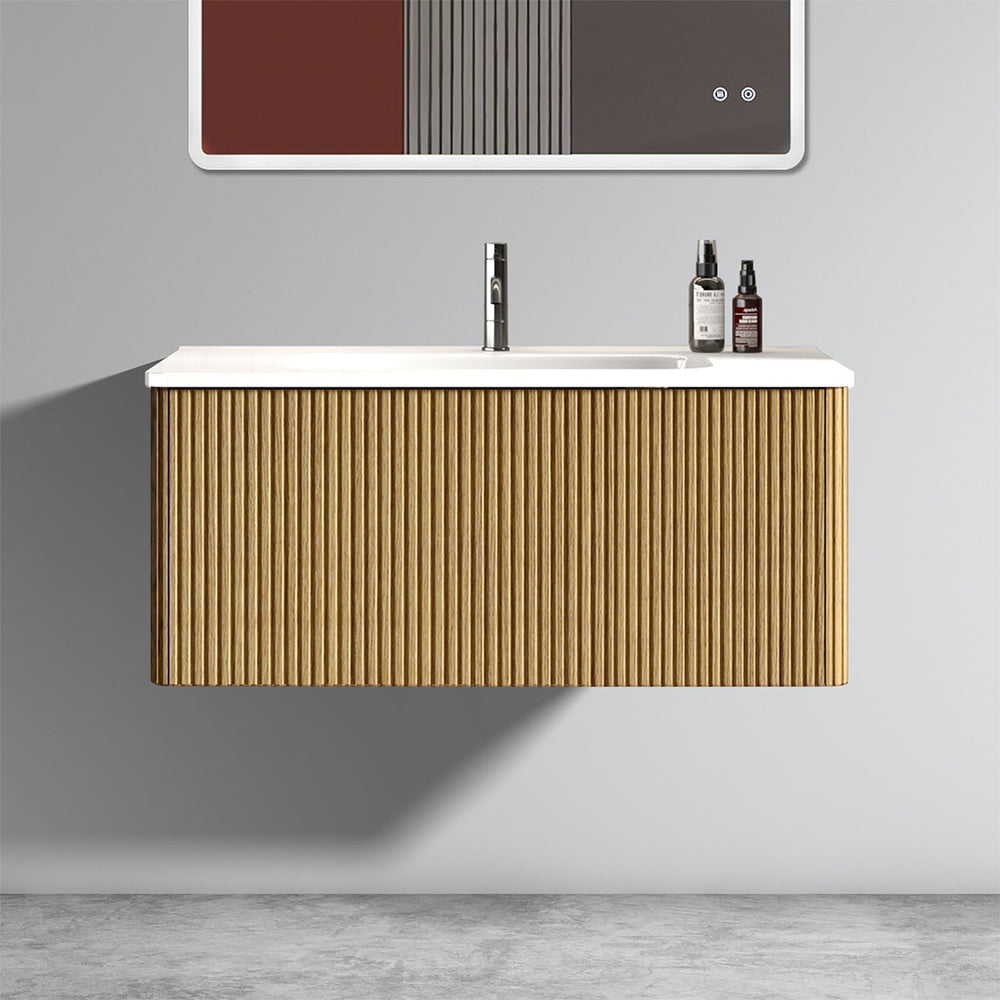 English Elm U088-Etna36W-306 Striped Natural Oak Floating Vanity with Glossy White Integrated Sink, Push-Open Drawer, Curved Safety Edges W1865P293618