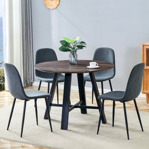 English Elm Table Set - 42" Modern Round Dining Table With 4 Dark Gray Linen Chairs & Sturdy Black Metal Legs W1151S03753-GIGA