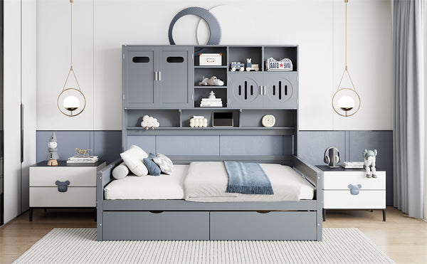 English Elm Full Size Wooden Daybed With Storage Drawers, Integrated Cabinet, And Stylish Gray Finish - Perfect For Any Space! N820S00016E