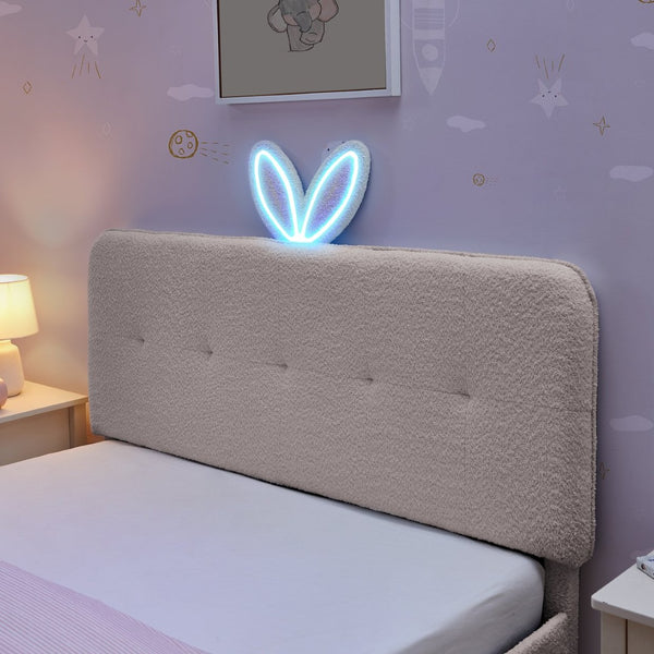 English Elm Full Size Kids Storage Bed Boucle Upholstered Rabbit Ear Headboard with Led Lighting Pink W1413P384923