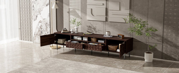 English Elm 78 Inch Walnut Media Console with Slatted Doors Iron Legs and Cable Management N710P373605Q