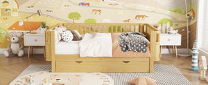 English Elm Twin Kids Platform Bed Solid Pine White Finish with Storage Drawers and Safety Rails Natural W2593P409119