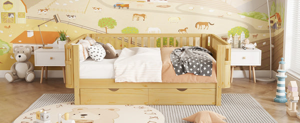 English Elm Twin Kids Platform Bed Solid Pine White Finish with Storage Drawers and Safety Rails Natural W2593P409119