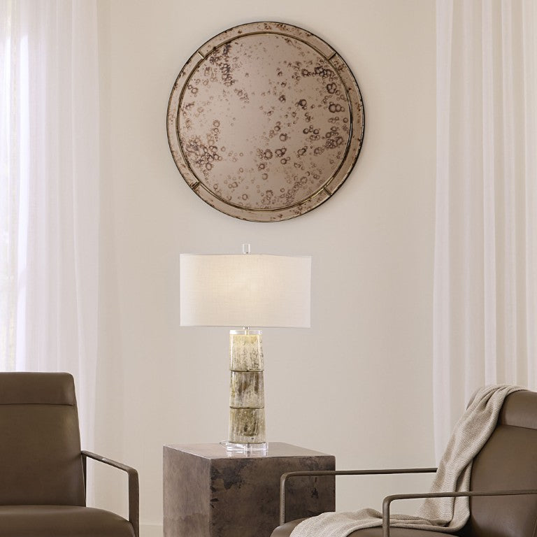 Jamie Young Co. Chambord Beveled Antique Glass Round Wall Mirror Warm Patina Vanity Accent 6CHAM-SMAG