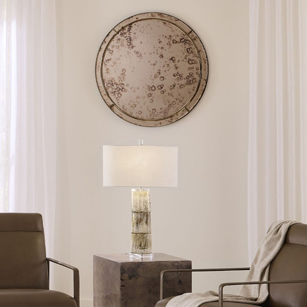 Chambord Beveled Antique Glass Round Wall Mirror Warm Patina Vanity Accent