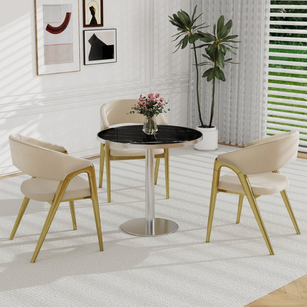 English Elm Round Bistro Dining Table Faux Marble Top Gold Pedestal Base for Small Spaces W3316P421496