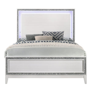 English Elm White Queen Bed LED Headboard with Silver Trim, Low-Profile Footboard, Stable Slat Support B062S00485