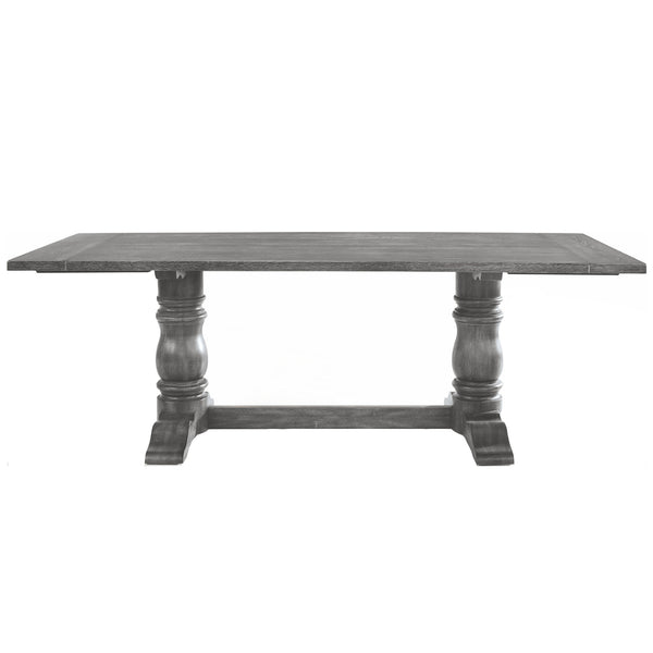 English Elm Rectangular Weathered Gray Trestle Dining Table with Double Turned Pedestal – Rustic Elegance, Durable Craftsmanship, Family-Friendly Centerpiece B016S00012