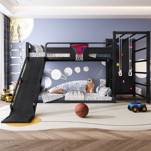 English Elm Twin Metal Loft Bed with Slide Basketball Hoop Climbing Wall and Built-in Shelves Black W1580S00342