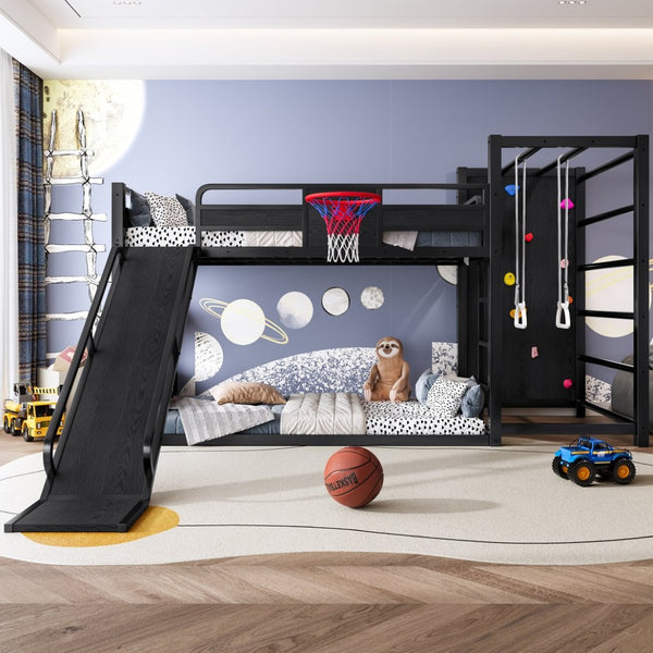English Elm Twin Metal Loft Bed with Slide Basketball Hoop Climbing Wall and Built-in Shelves Black W1580S00342